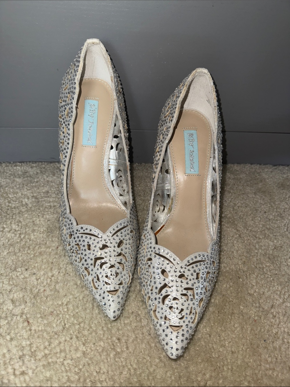 Betsey Johnson Elegant Crystal-Embellished Silver Elsa Stiletto Formal pumps - Picture 3 of 9
